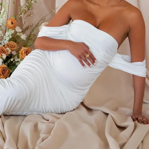 NWT Club L White Maternity Bardot Ruched Draped Midi Dress Size 8 - Picture 4 of 14